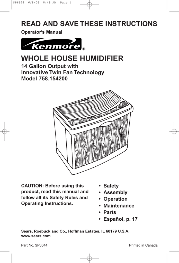 Kenmore 758.154200 Humidifier Owner's Manual Manualzz