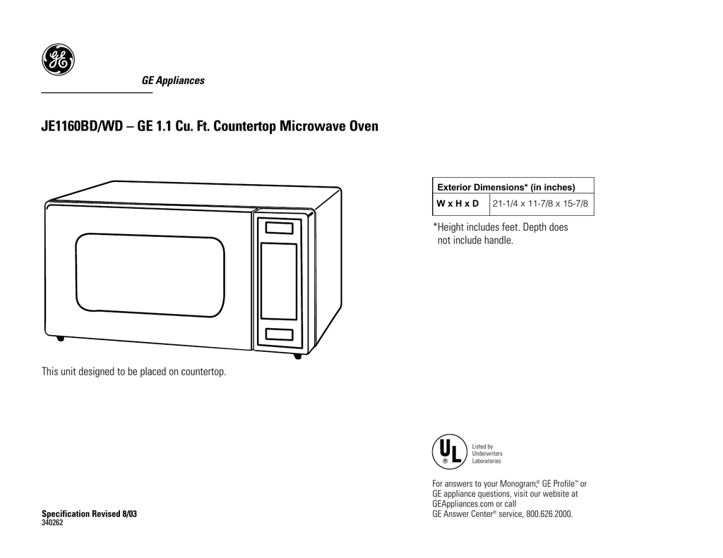 Je1160bd Wd Ge 1 1 Cu Ft Countertop Microwave Oven Manualzz Com