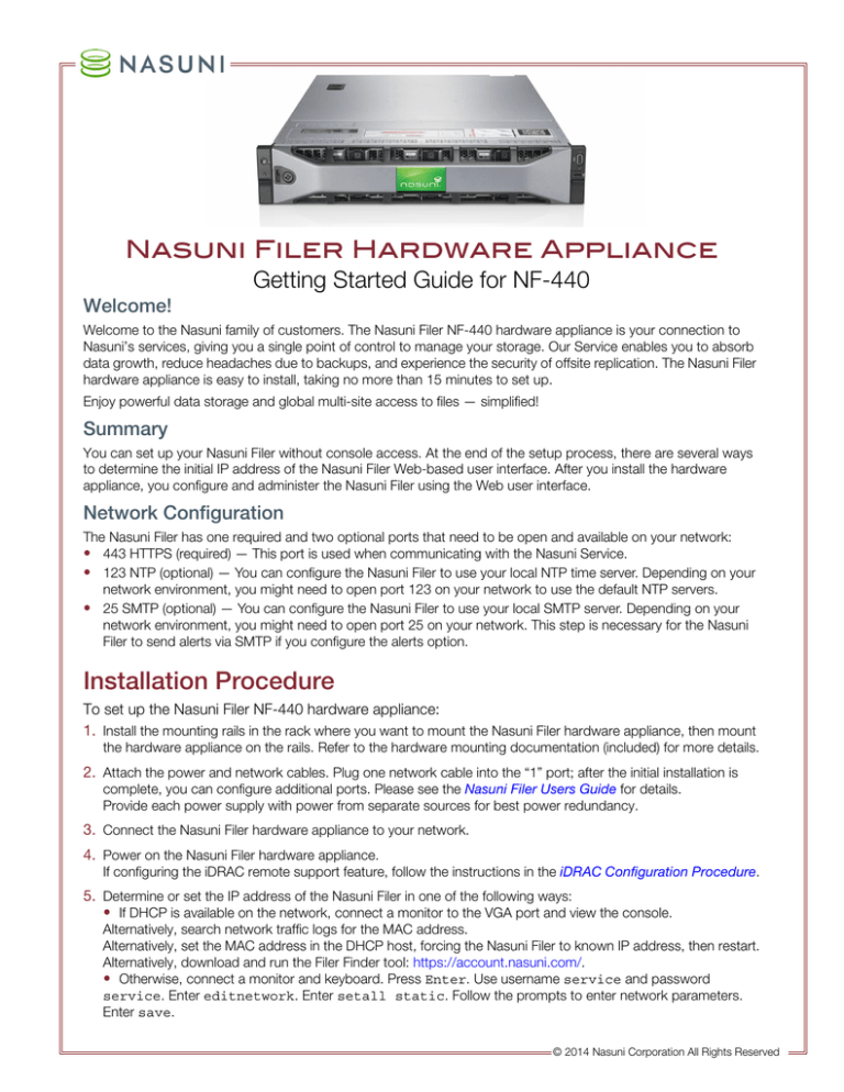 NASUNI FILER HARDWARE APPLIANCE Installation Procedure Manualzz