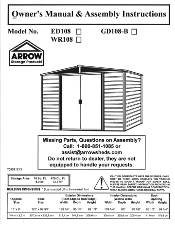 Arrow WR108 Woodridge Galvanized Steel Storage Shed Owner's Manual ...