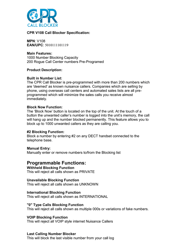 Cpr V108 Call Blocker Specification Manualzz