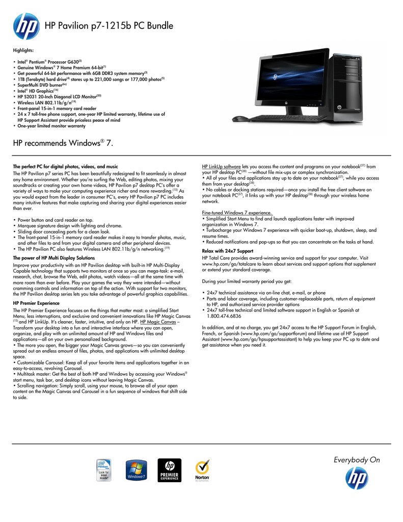 1TB SATA Hard Drive Windows 7 Ultimate 64-Bit HP Pavilion p7-1155 