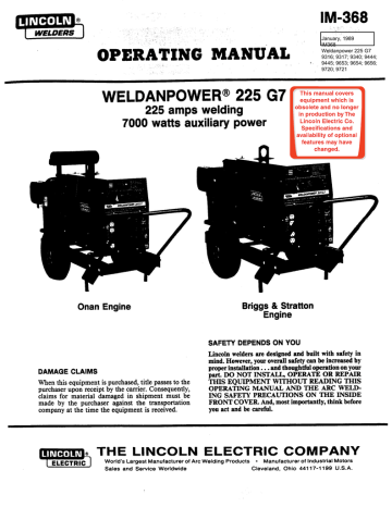 Lincoln Electric Weldanpower W P225 G7 Onan Weldanpower 225 Operating Instructions Manualzz