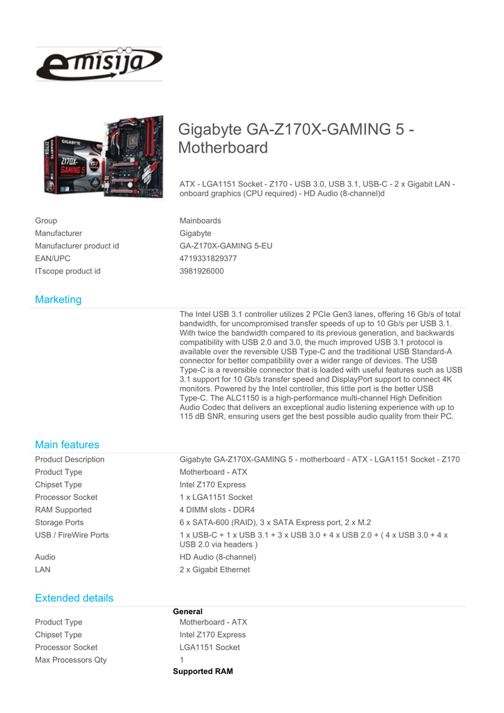 Gigabyte Ga Z170x Gaming 5 Motherboard E Manualzz