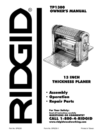 RIDGID TP1300 13 inch Thickness Planer OWNER'S MANUAL | Manualzz