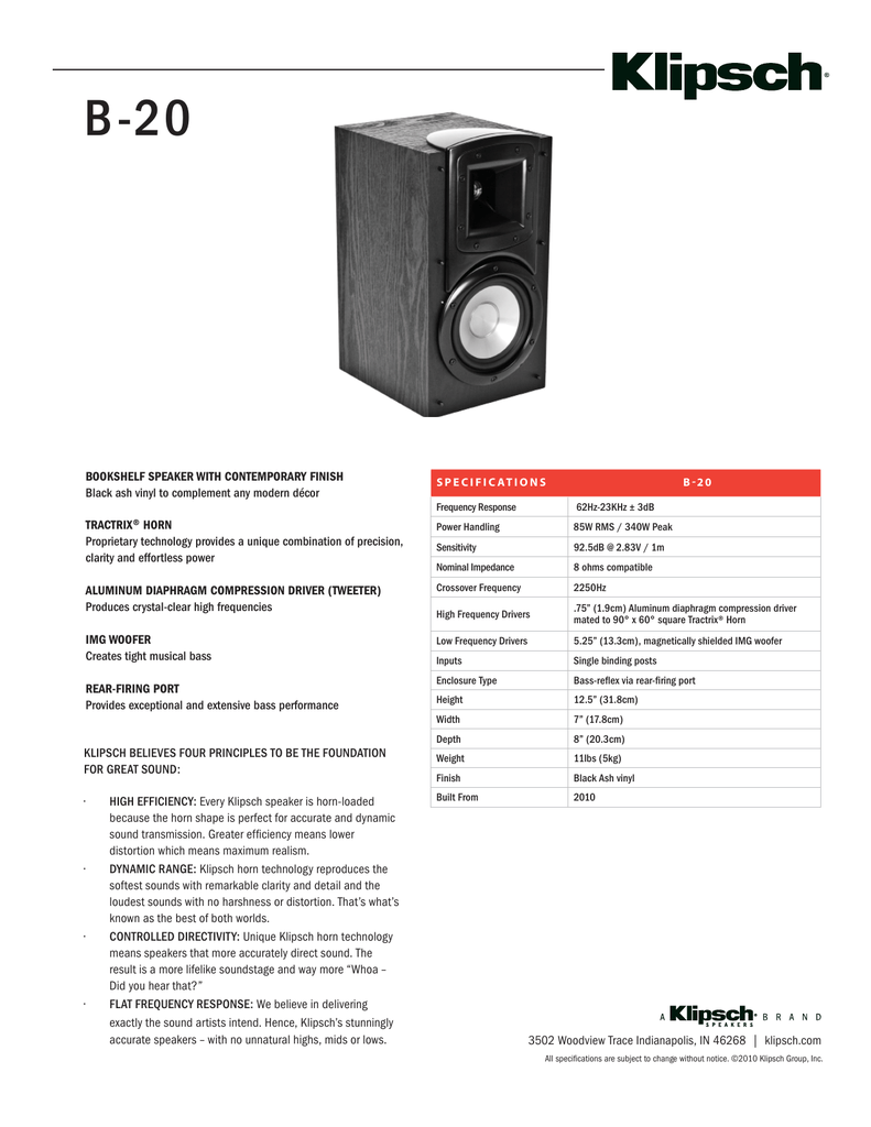 Klipsch B20 Synergy Bookshelf Speaker Data Sheet Manualzz