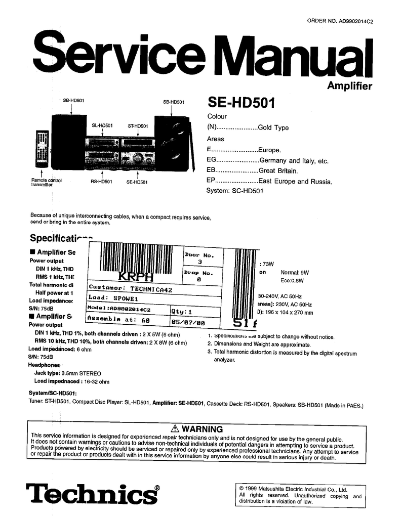 Technics Se Hd501 Service Manual Manualzz