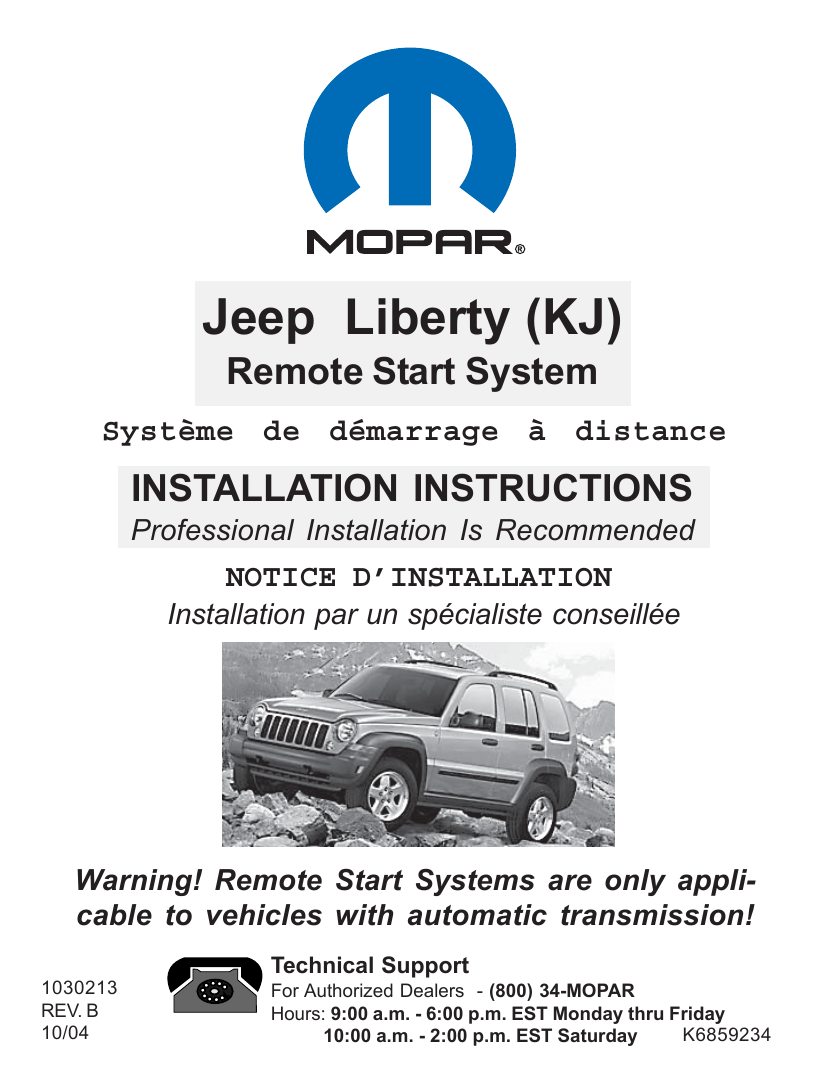Mopar Jeep Liberty Remote Start System Installation Instructions Manual