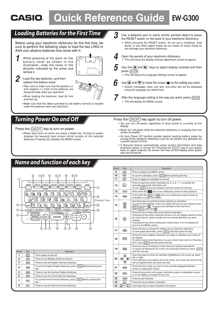 Casio EW-G300 Electronic Dictionary Quick Reference Guide | Manualzz