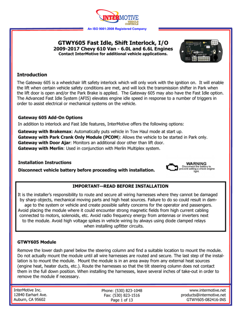 GTWY605 Fast Idle, Shift Interlock, I/O | Manualzz