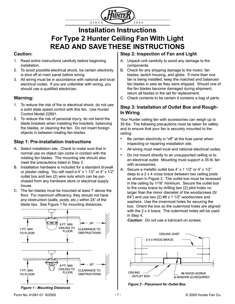 Installation Instructions For Type 2 Hunter Ceiling Fan