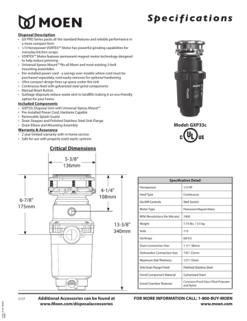 GXP33C Moen GX PRO Series 1/3 HP Continuous Feed Garbage Disposal GXP33C Moen GX PRO Series 1/3 HP Continuous Feed Garbage Disposal