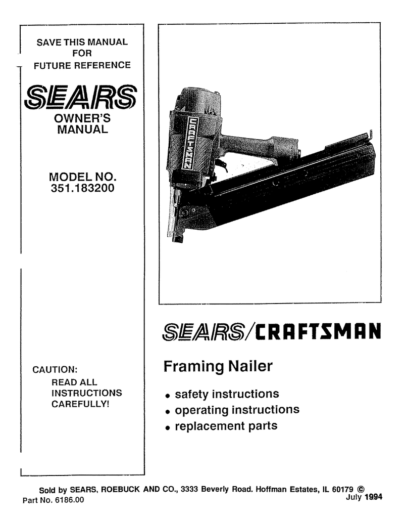 Craftsman 351183200 Nailer Owner's 