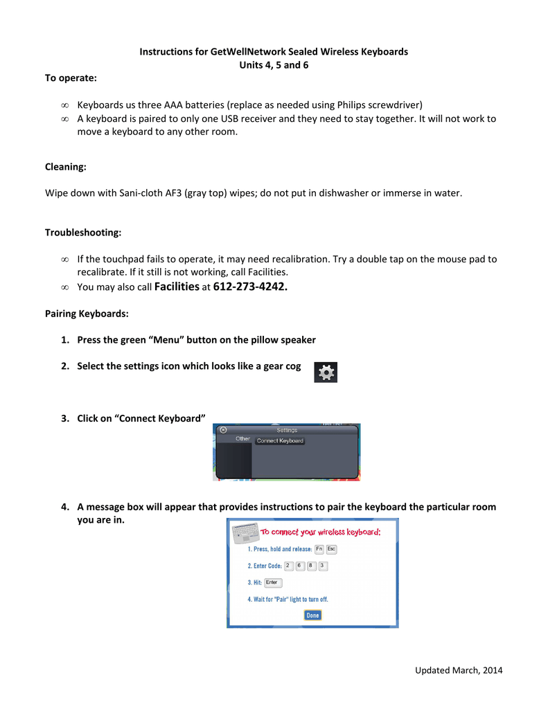 Instructions For Getwellnetwork Sealed Wireless Keyboards