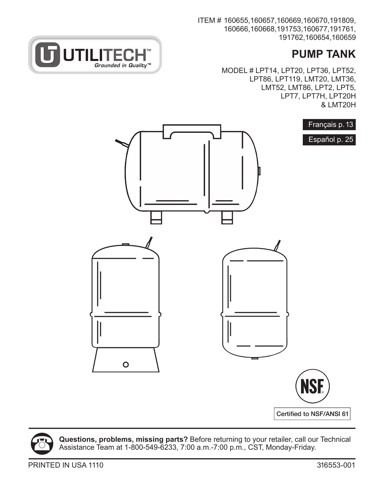 Utilitech LPT52 52Gallon Vertical Pressure Tank Guide Manualzz