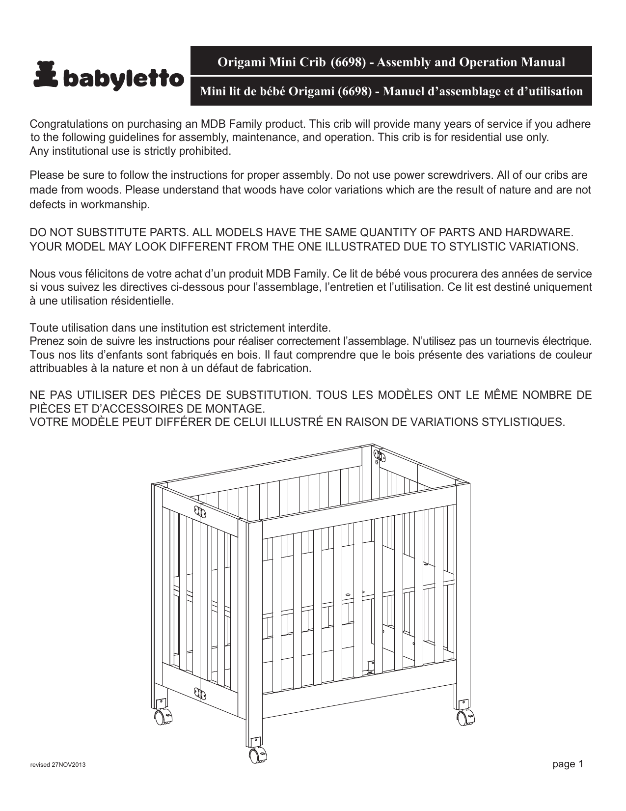 Origami Mini Crib 6698 Assembly And Operation Manual Manualzz