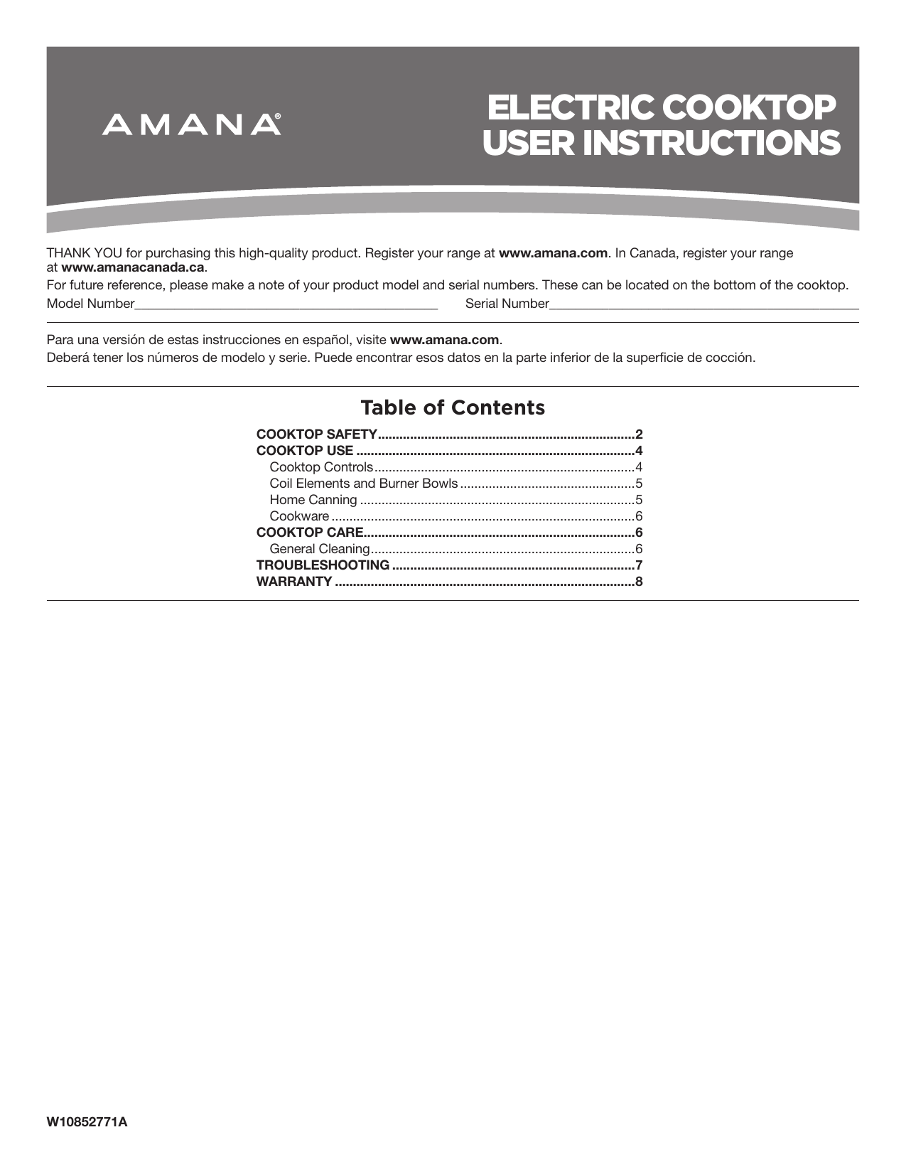 Amana ACC6340KFW 30 in. Coil Electric Cooktop User guide Manualzz