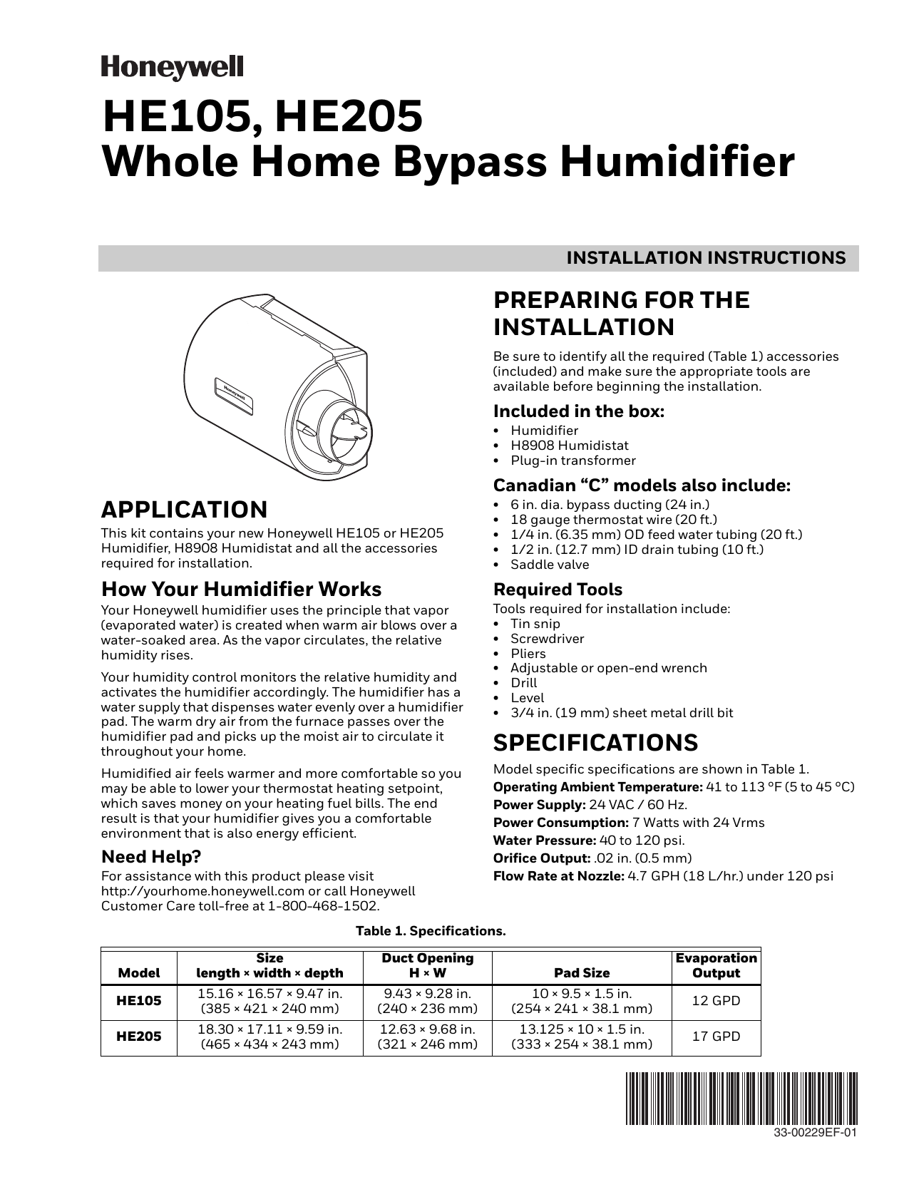 Honeywell HE205 Humidifier Owner's Manual Manualzz