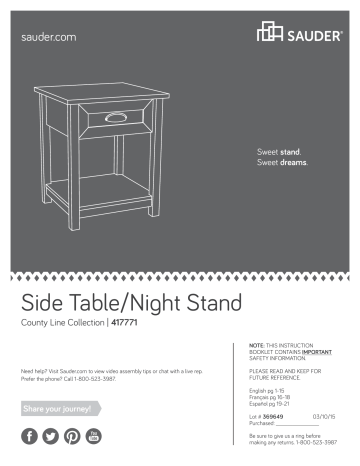 Sauder 417771, County Line 1-Drawer Sofa Side/End Table Owner's manual ...