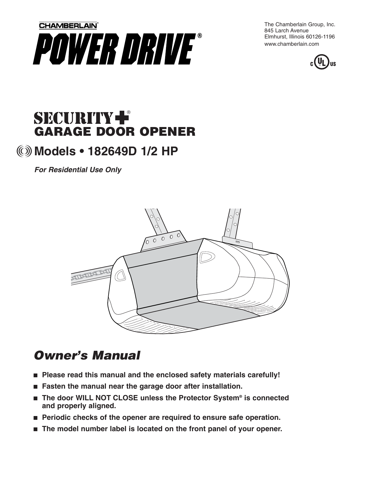 Chamberlain Power Drive Security+ 182649D Owner's Manual Manualzz