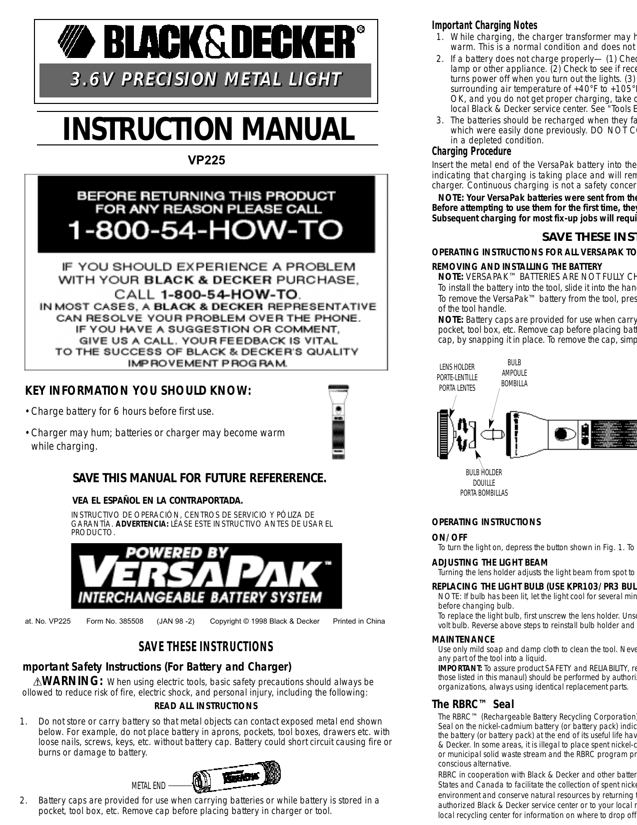 REPLACEMENT BATTERY FOR BLACK & DECKER VP225 VERSAPAK METAL LIGHT