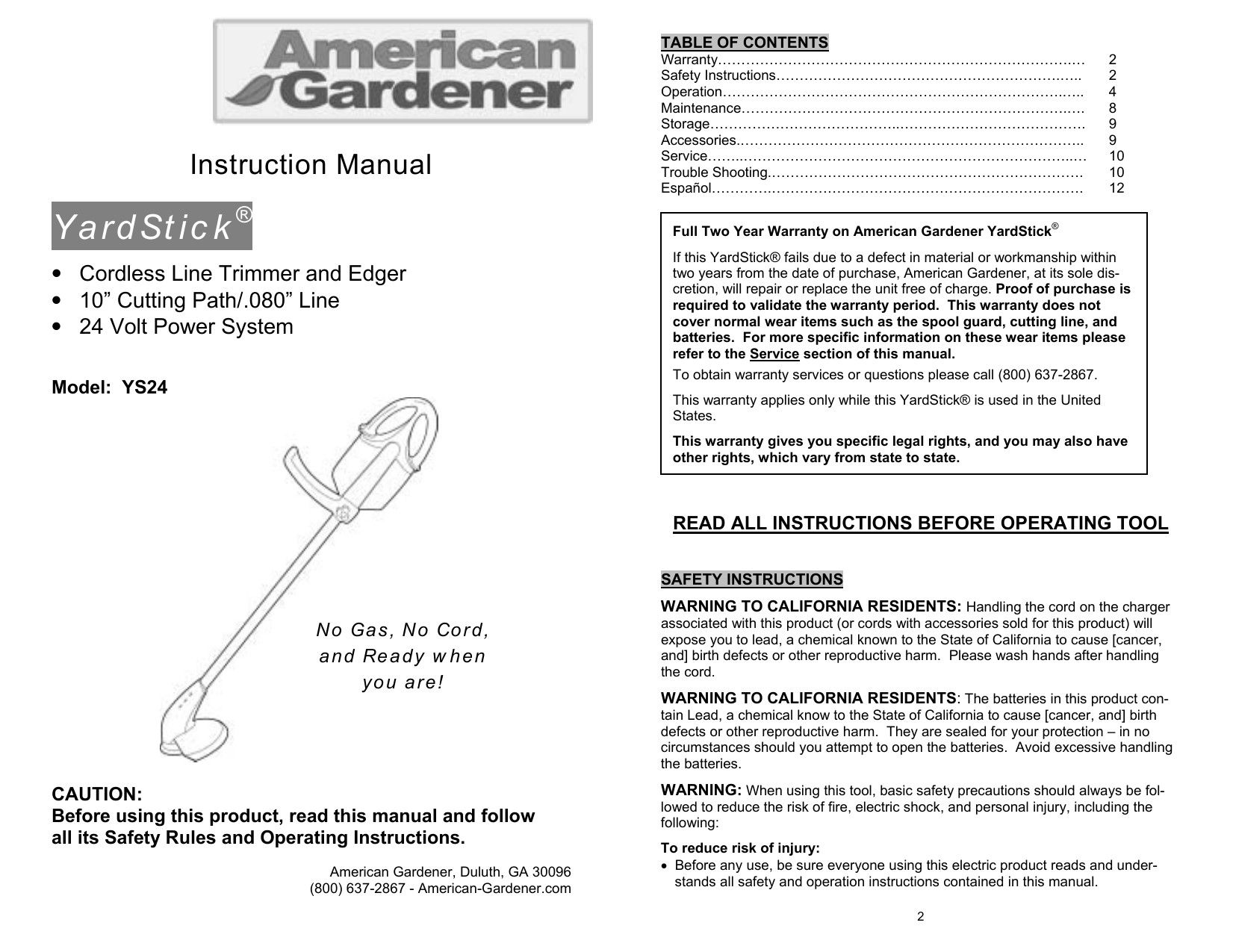 American Gardener Yardstick Ys24 Parts Repair Practice Guide