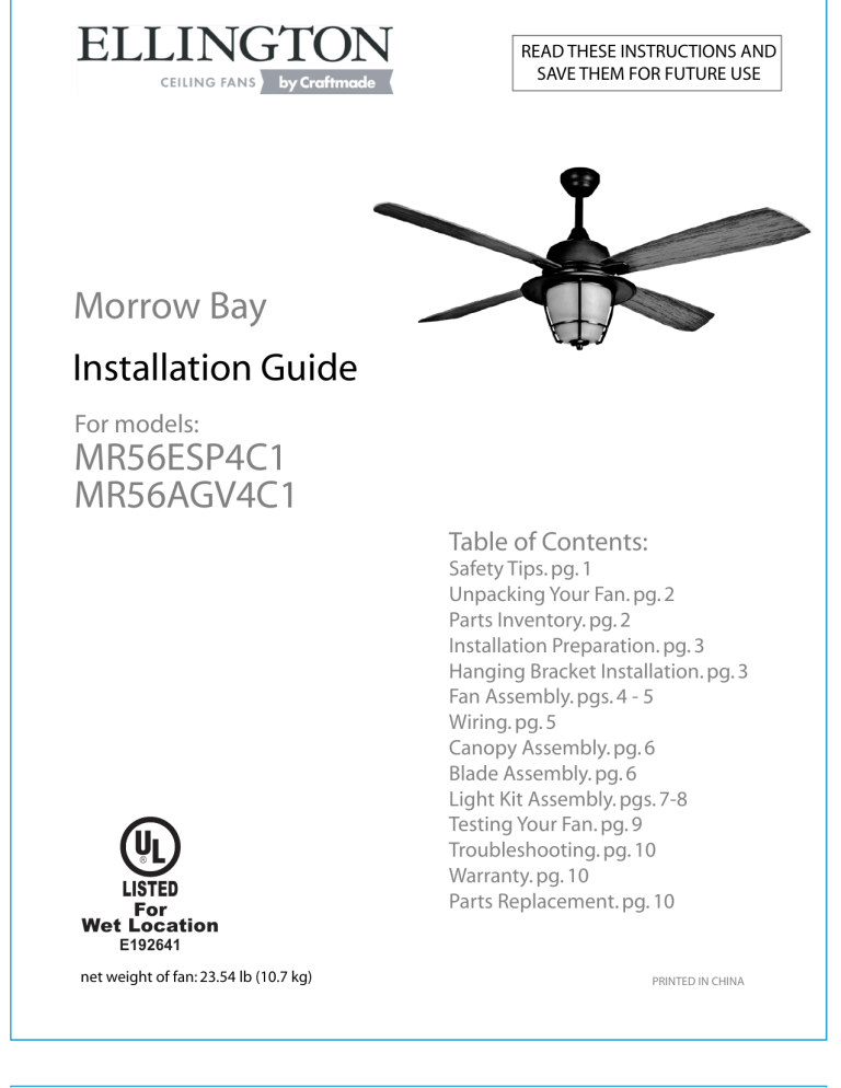 Installation Guide Mr56esp4c1 Mr56agv4c1 Morrow Bay Manualzz Mr56esp4c1 Mr56agv4c1 Morrow Bay, Craftmade Ceiling Fan Light Kit Wiring Diagram
