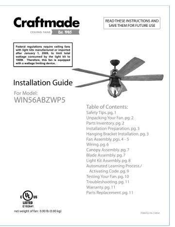 Craftmade Win56abzwp5 Installation Manual Manualzz Craftmade Win56abzwp5 Installation, Craftmade Ceiling Fan Light Kit Wiring Diagram