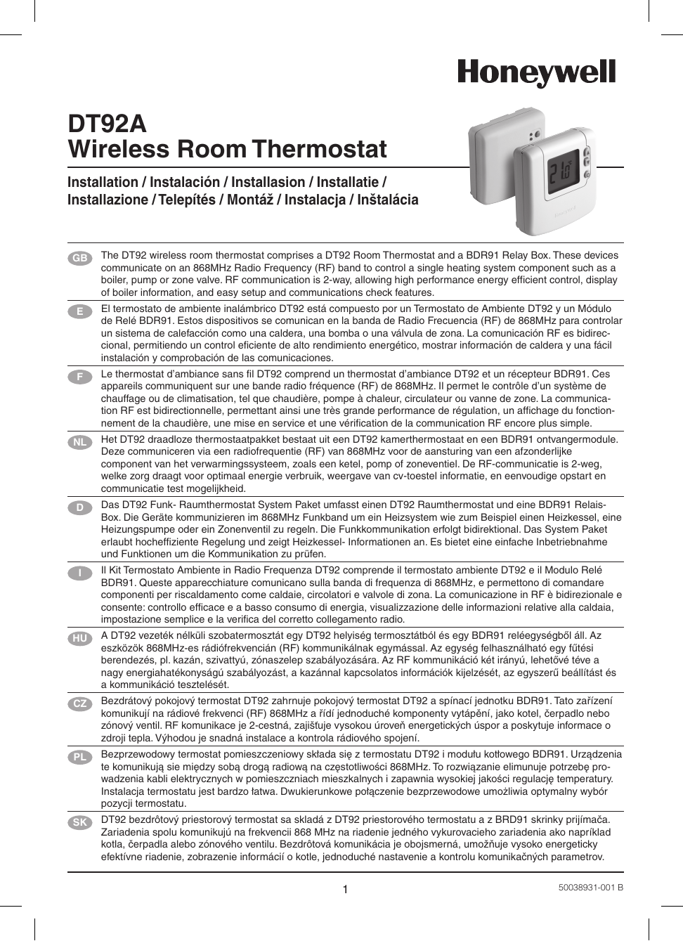 HONEYWELL DT92A Wireless Room Thermostat User Guide 