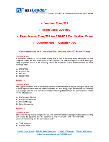 CompTIA A+ 220-802 Certification Exam Question 601 | Manualzz