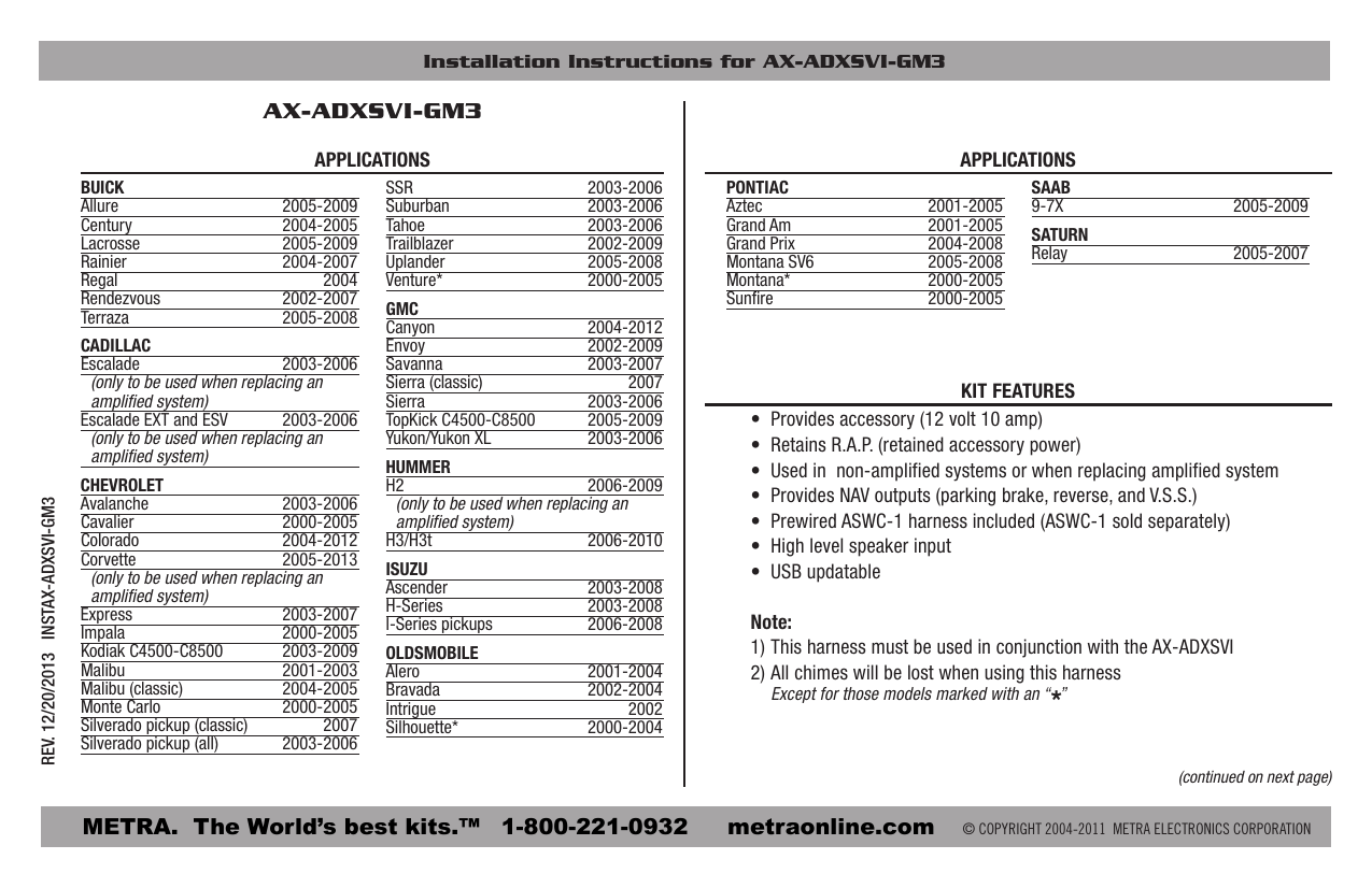 Metra Wire Harness Systems Application Chart