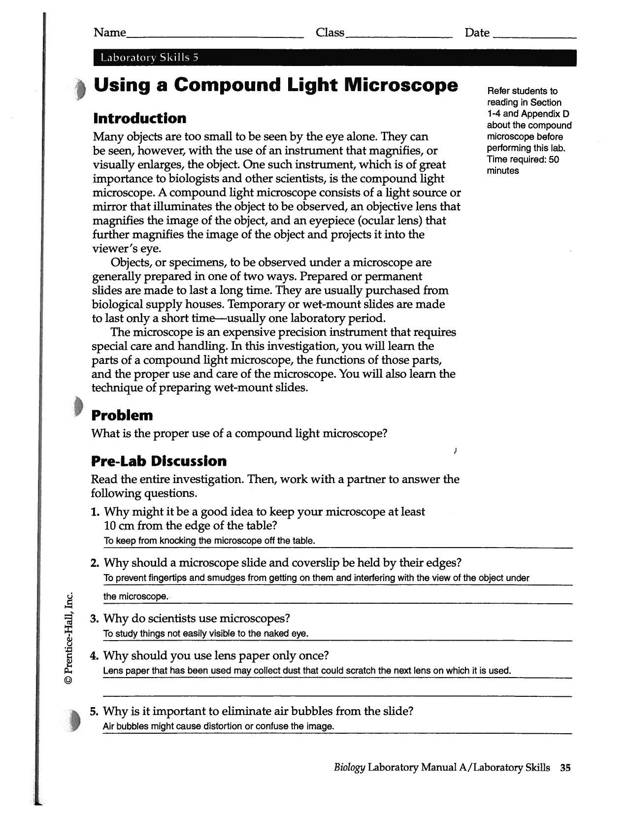 Laboratory Skills 5 Using A Compound Light Microscope Lab Answers ...