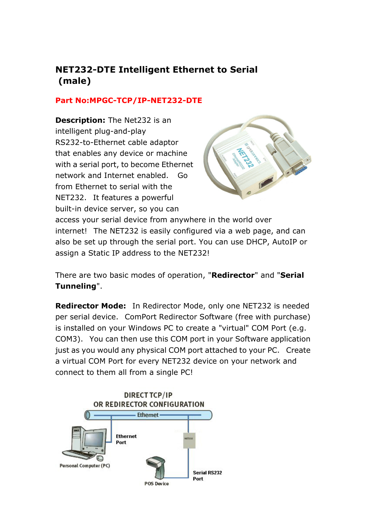 NET232-DTE Intelligent Ethernet to Serial (male) | Manualzz