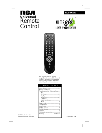 VCR Codes. RCA NiteGlo RCU4GLW, RCU 4 GLW, UNIVERSELLE SYSTEMLINK 3 | Manualzz