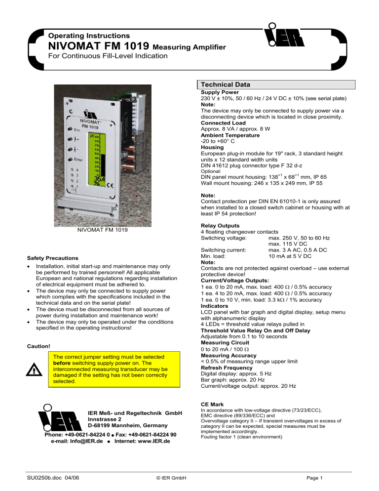 Operating Instructions Nivomat Fm 1019 Measuring Amplifier For Manualzz Operating Instructions Nivomat Fm 1019 Measuring Amplifier For Manualzz