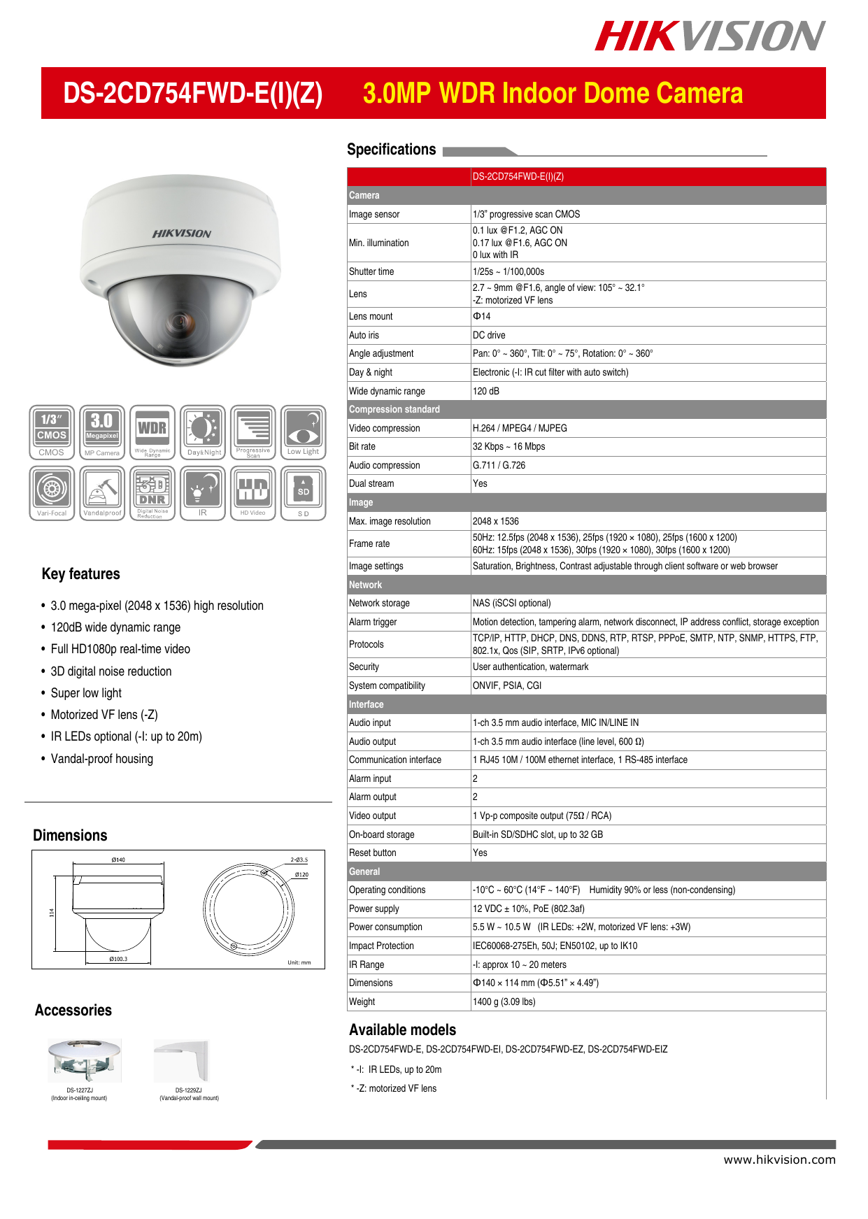 Ds 2cd754fwd E I Z 3 0mp Wdr Indoor Dome Camera Manualzz