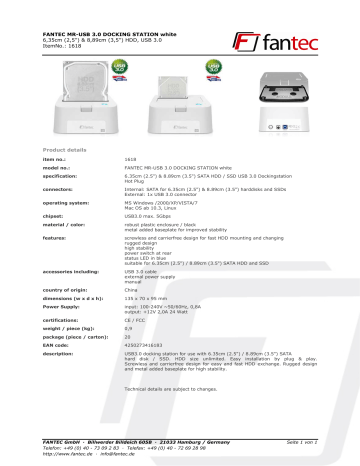 FANTEC MR-USB 3.0 DOCKING STATION white 6,35cm | Manualzz