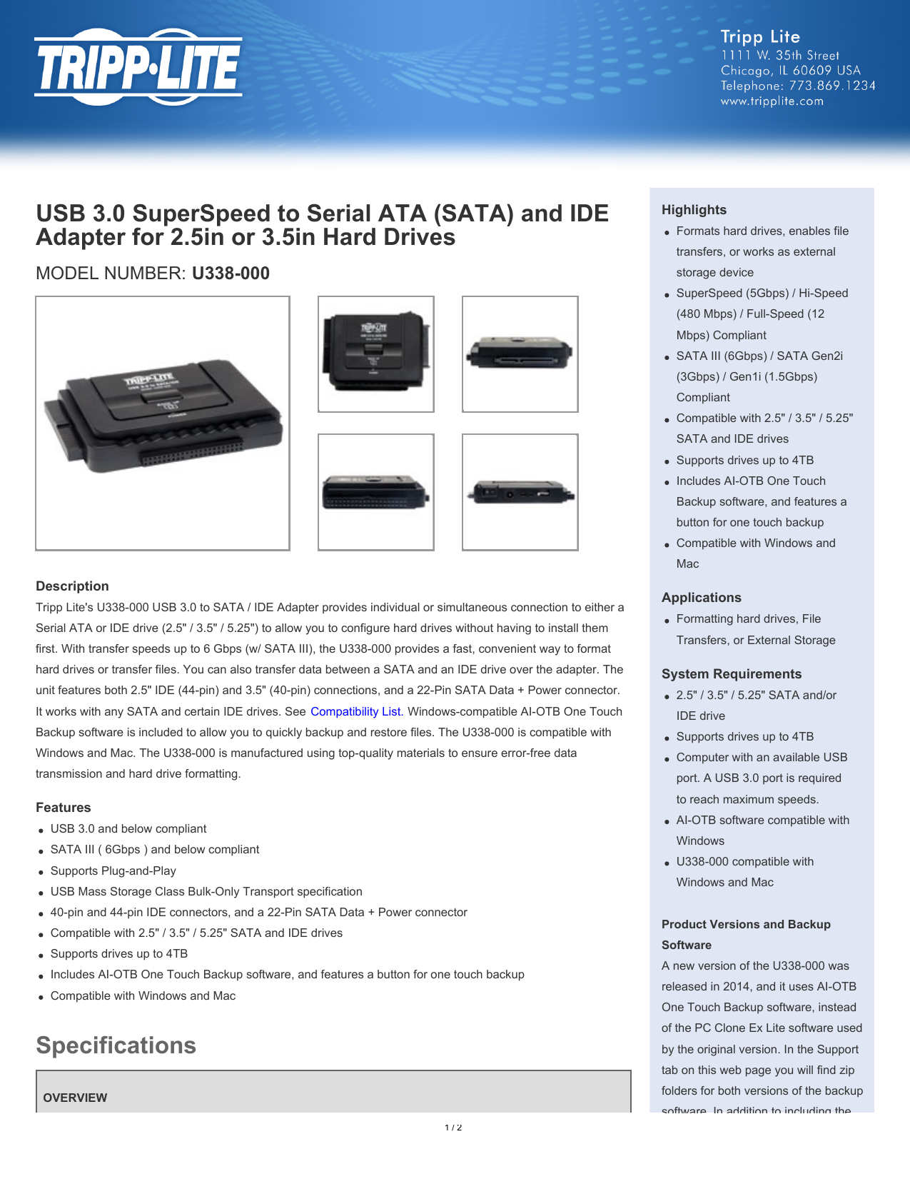 Tripp Lite USB 3.0 SuperSpeed to SATA//IDE Adapter 2.5//3.5//5.25/" Hard Drives
