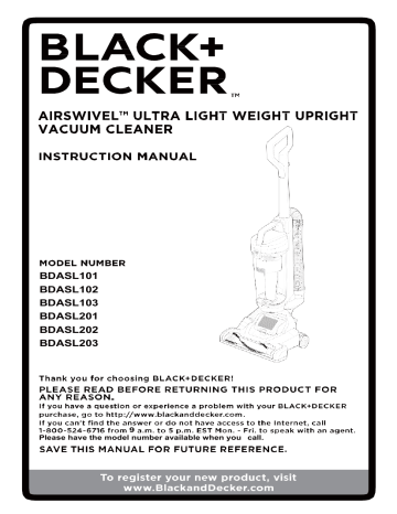 BLACK DECKER BDASL202 Upright Vacuum User guide | Manualzz