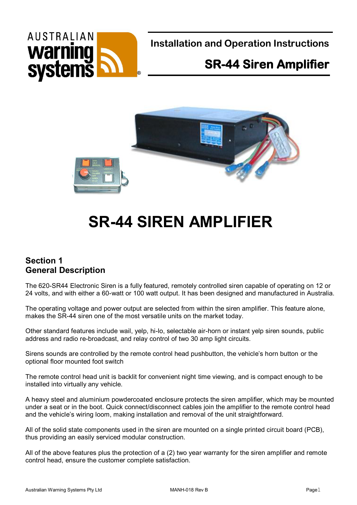 Sr 44 Siren Amplifier Australian Warning Systems Manualzz