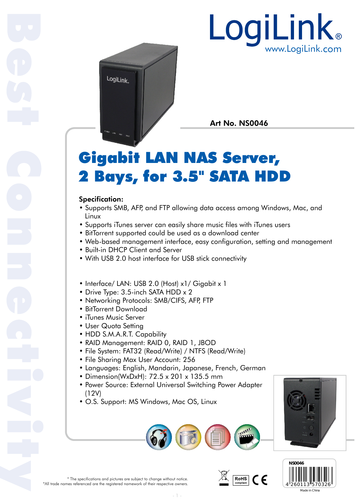 Gigabit LAN NAS Server, 2 Bays, for 3.5