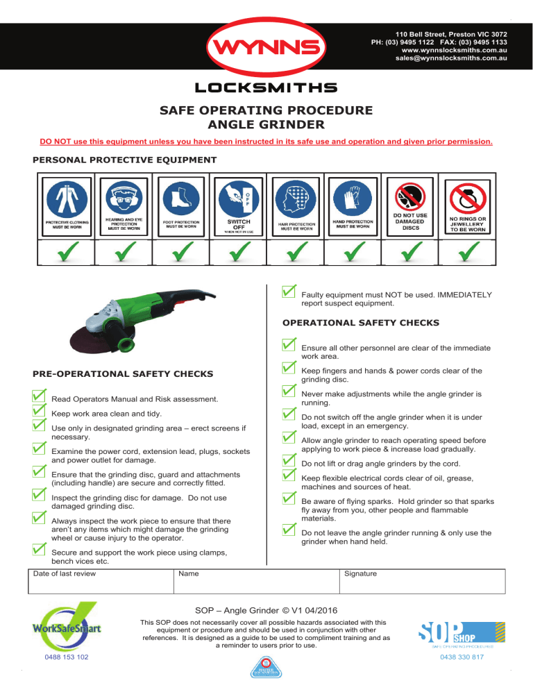 safe operating procedure angle grinder Manualzz