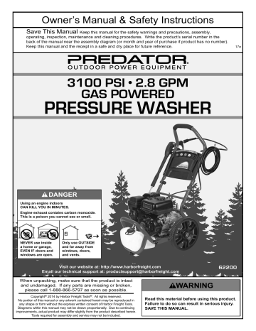 Predator 62200 3100 PSI, 2.8 GPM, 6.5 HP (212cc) Pressure Washer EPA III Owner's Manual | Manualzz