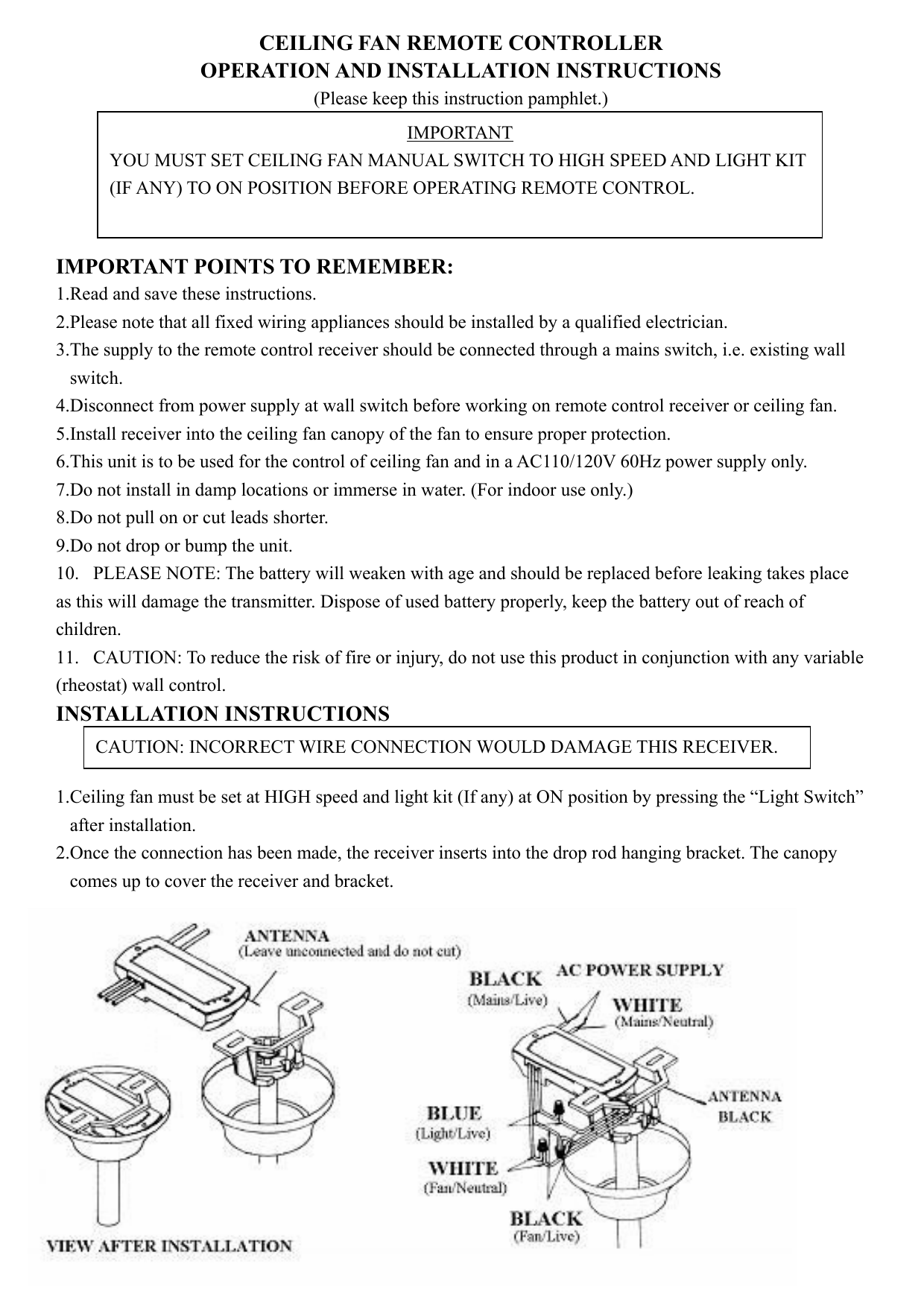 Ceiling Fan Remote Controller Operation And Installation Manualzz