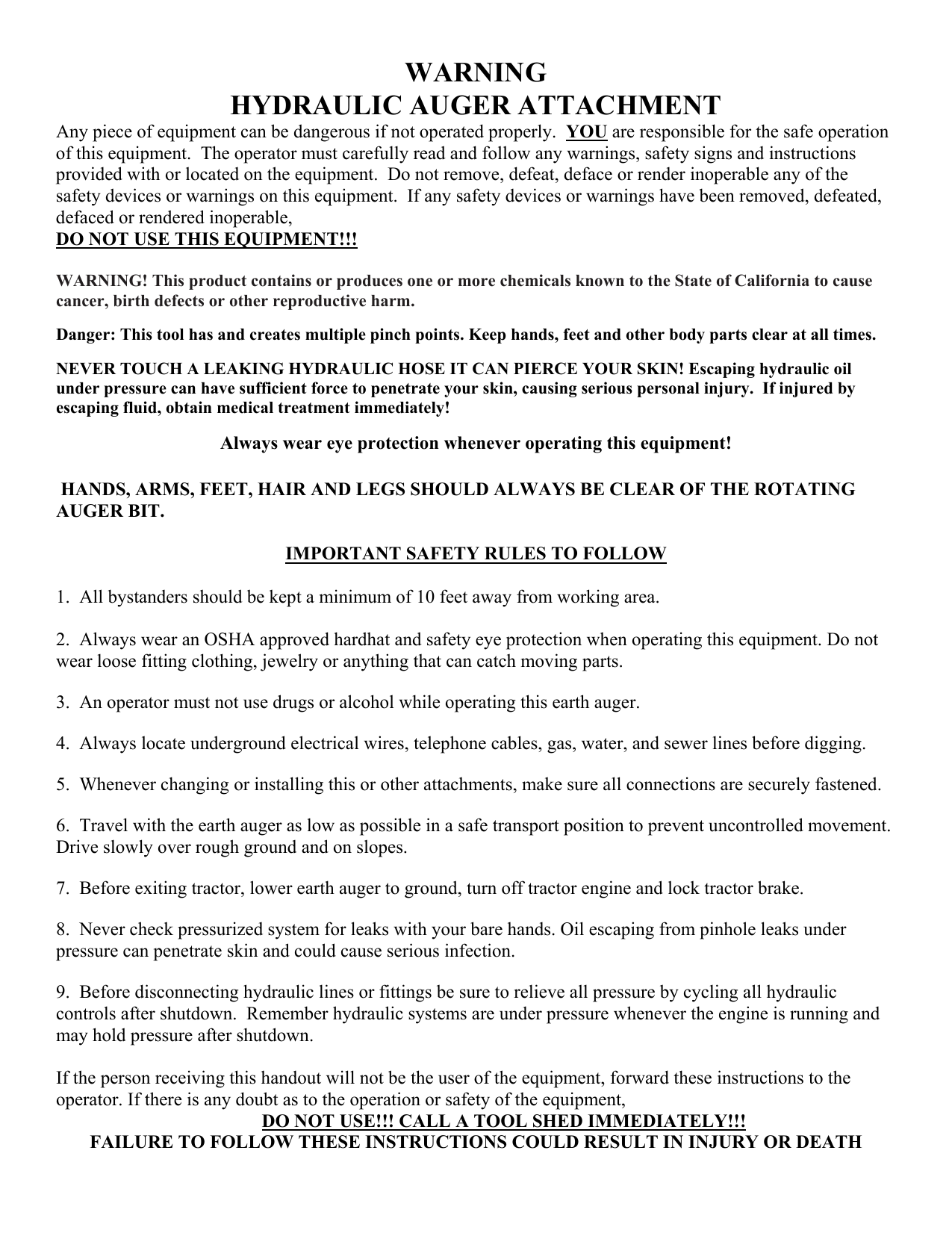 Warning Hydraulic Auger Attachment Manualzz