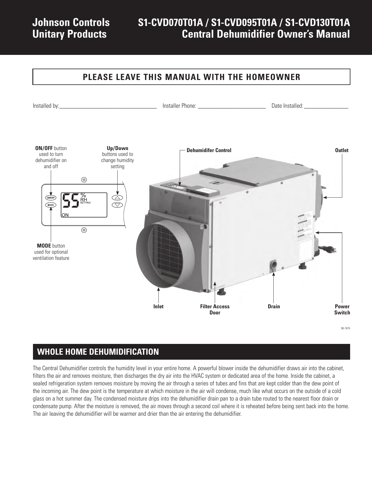 YORK Whole House Dehumidifiers User Manual Manualzz