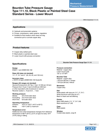 WIKA 111.10 100 psi Lower Mount Pressure Gauge Specification | Manualzz