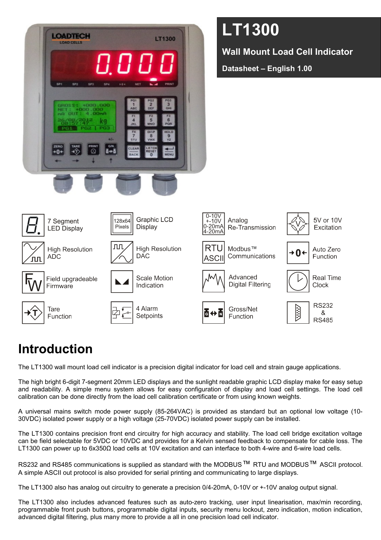 LT1300 Wall Mount Load Cell Indicator Datasheet Manualzz