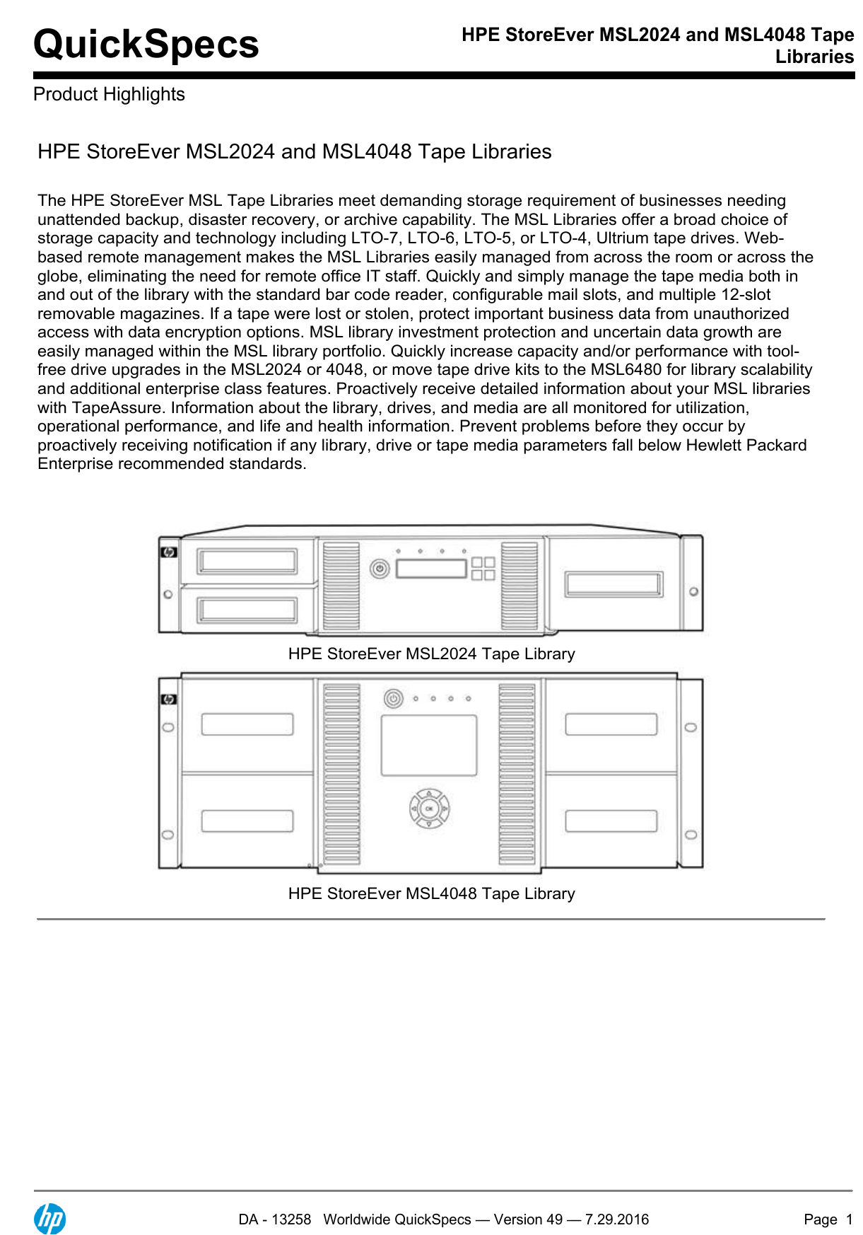 HPE StoreEver MSL2024 and MSL4048 Tape Libraries Manualzz