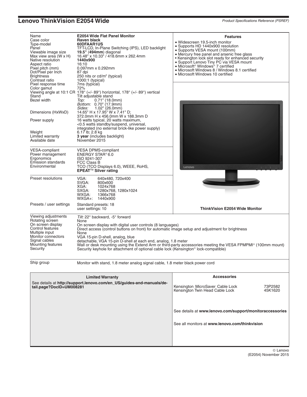 Lenovo ThinkVision E2054 Wide | Manualzz